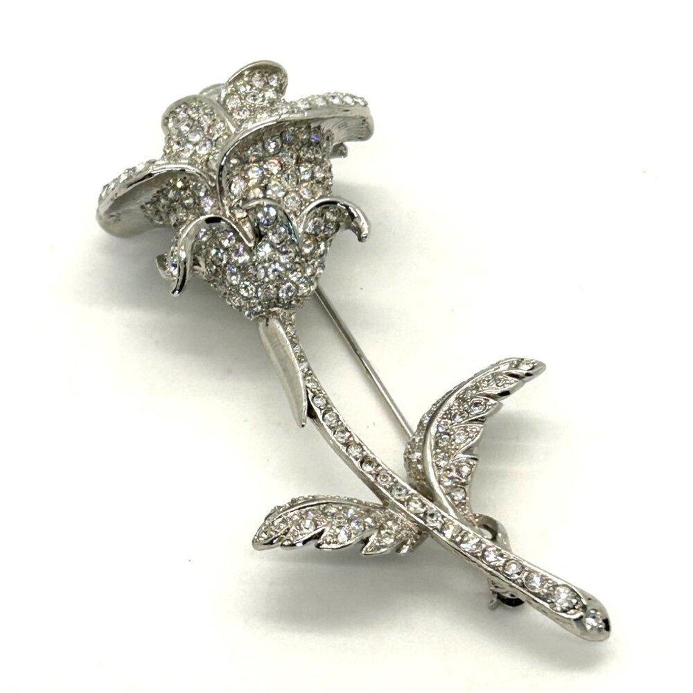 Nolan Miller Anniversary Rose Brooch Pin Pave Rhinestone Silver Tone Vintage - Picture 2 of 16